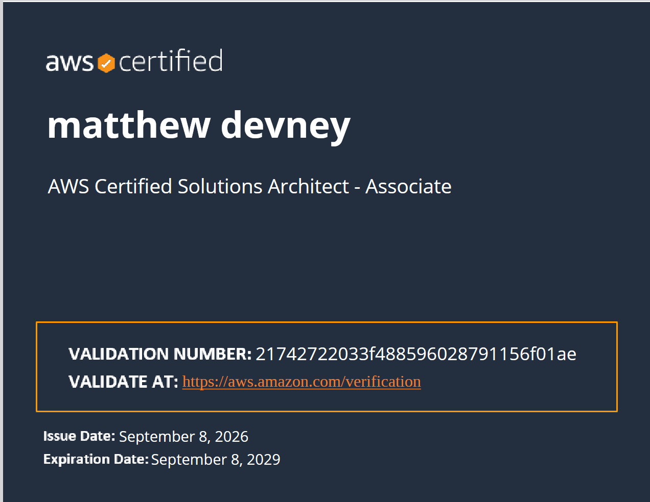 AWS Certified Solutions Architect - Associate certificate for Matthew Devney
